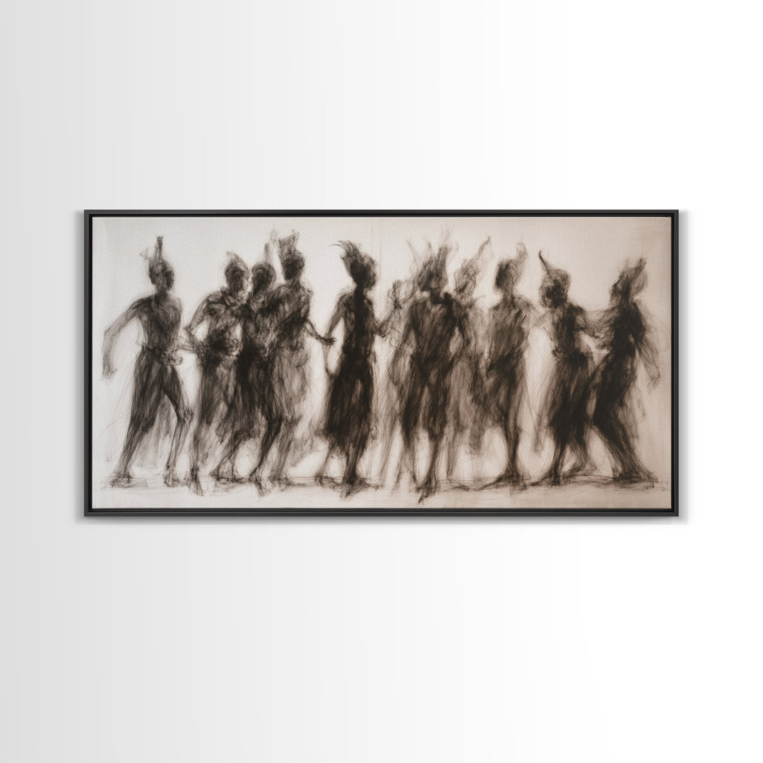Charcoal African Women Dance Silhouettes Wall Art, Feminine Cultural Canvas Print, Afrocentric Decor Gift For Home Living Room