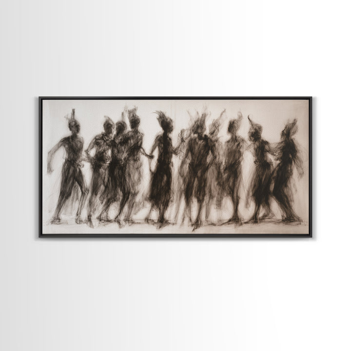 Charcoal African Women Dance Silhouettes Wall Art, Feminine Cultural Canvas Print, Afrocentric Decor Gift For Home Living Room