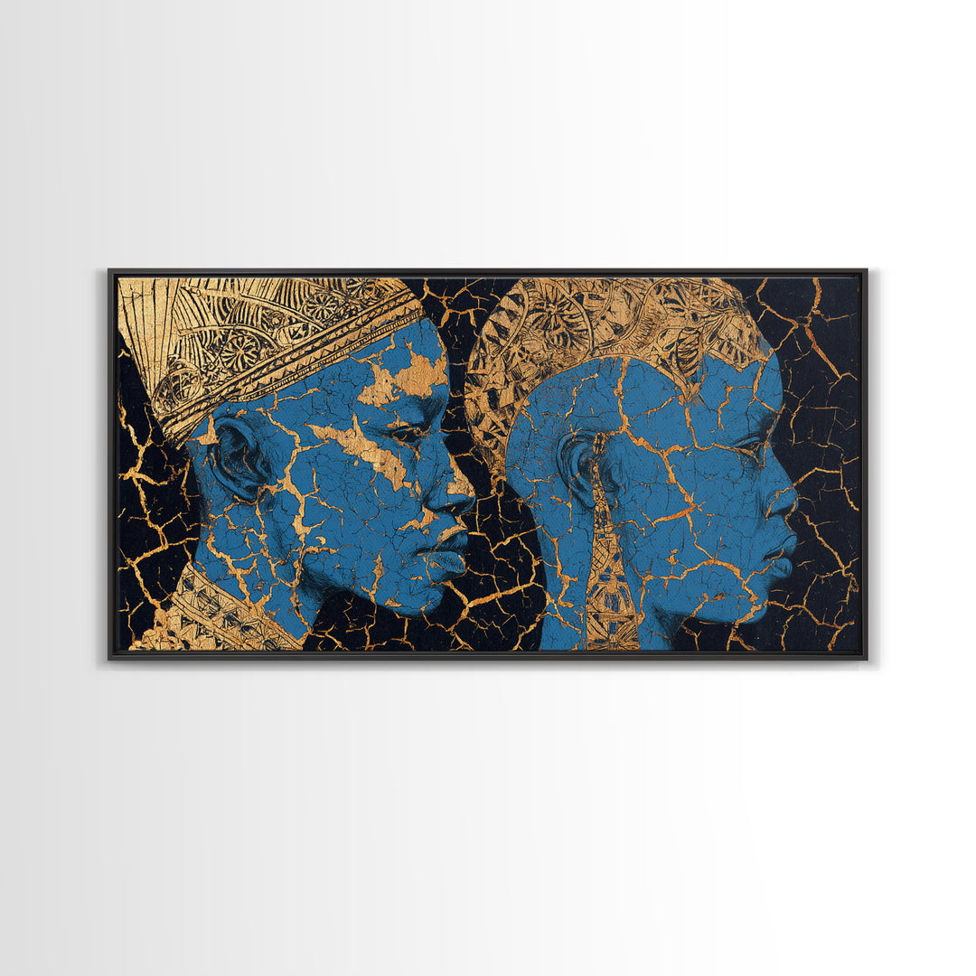 Blue And Gold Cracked African Faces Wall Art, Modern Afrocentric Canvas Print For Luxury Decor, Cultural Home Decor Gift
