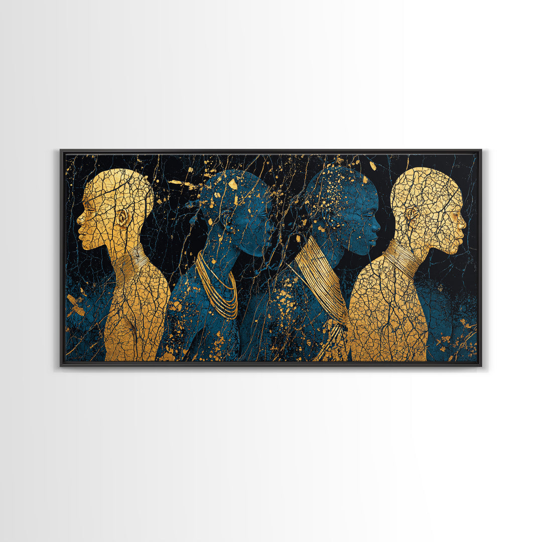 Gold And Teal African Women Silhouettes Wall Art, Afrocentric Black Woman Portrait, Luxury Canvas Decor, Black Gold Print