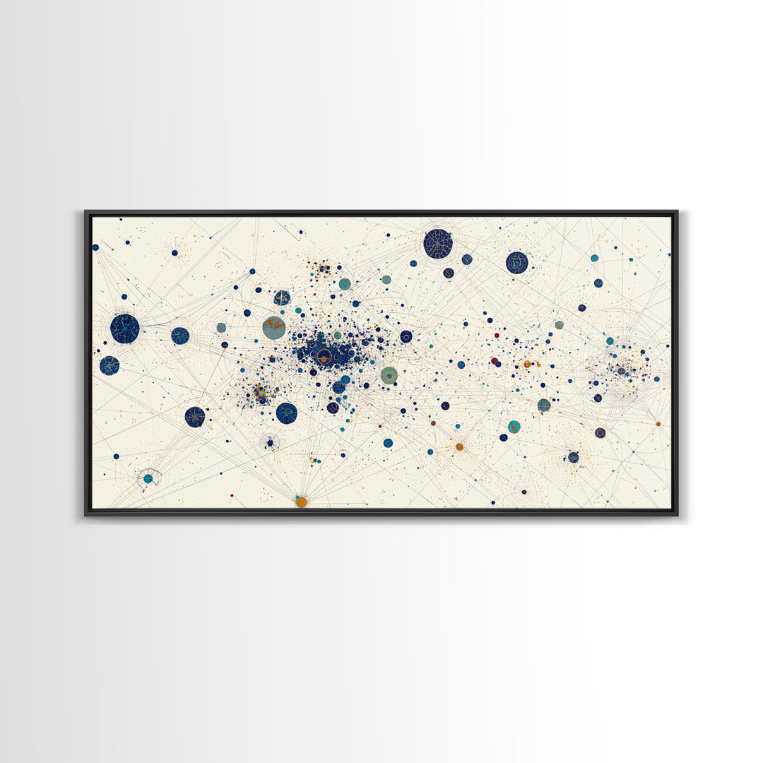 Cream Blue Gold Dot Constellation Network Wall Art, Abstract Geometric Canvas Print, Minimalist Modern Office Decor Gift