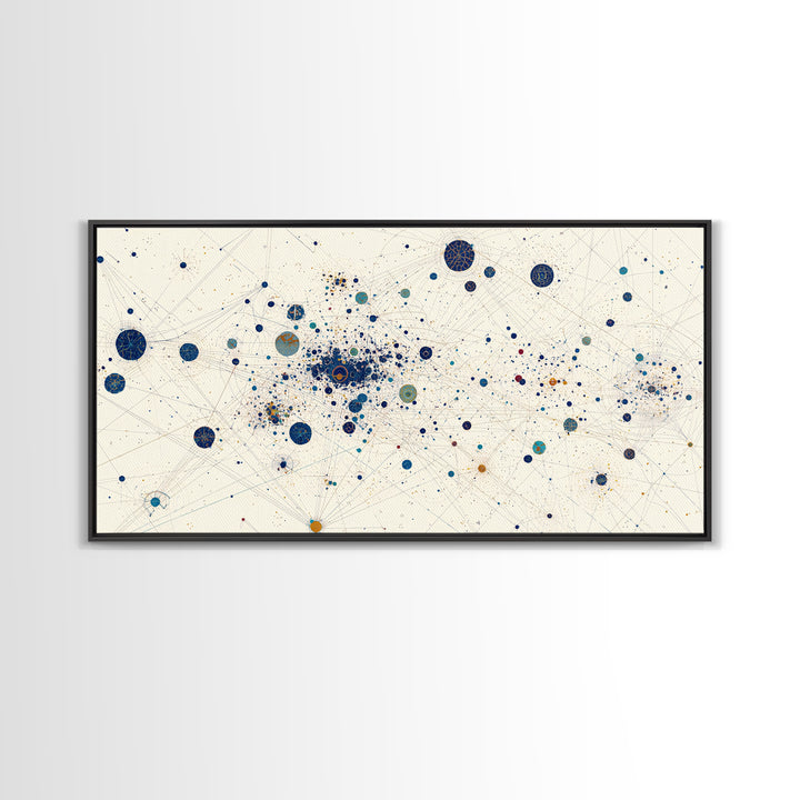 Cream Blue Gold Dot Constellation Network Wall Art, Abstract Geometric Canvas Print, Minimalist Modern Office Decor Gift