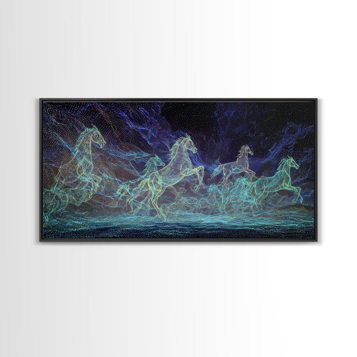 Neon Cosmic Running Horses Herd Canvas Print, Abstract Animal Wall Art, Blue Green Equine Decor, Mystical Modern Nature Gift