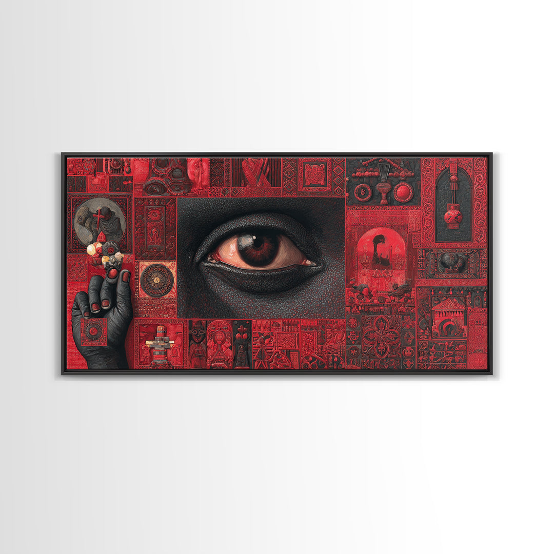 Red Mystic Eye Tribal Collage Canvas Print, African Mask Art, Afrocentric Wall Decor, Bold Cultural Artwork For Home Office