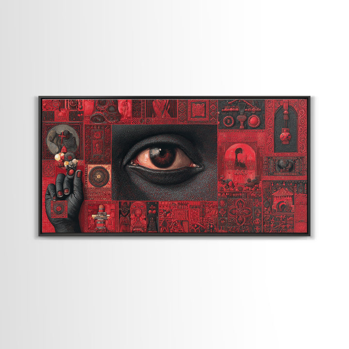 Red Mystic Eye Tribal Collage Canvas Print, African Mask Art, Afrocentric Wall Decor, Bold Cultural Artwork For Home Office