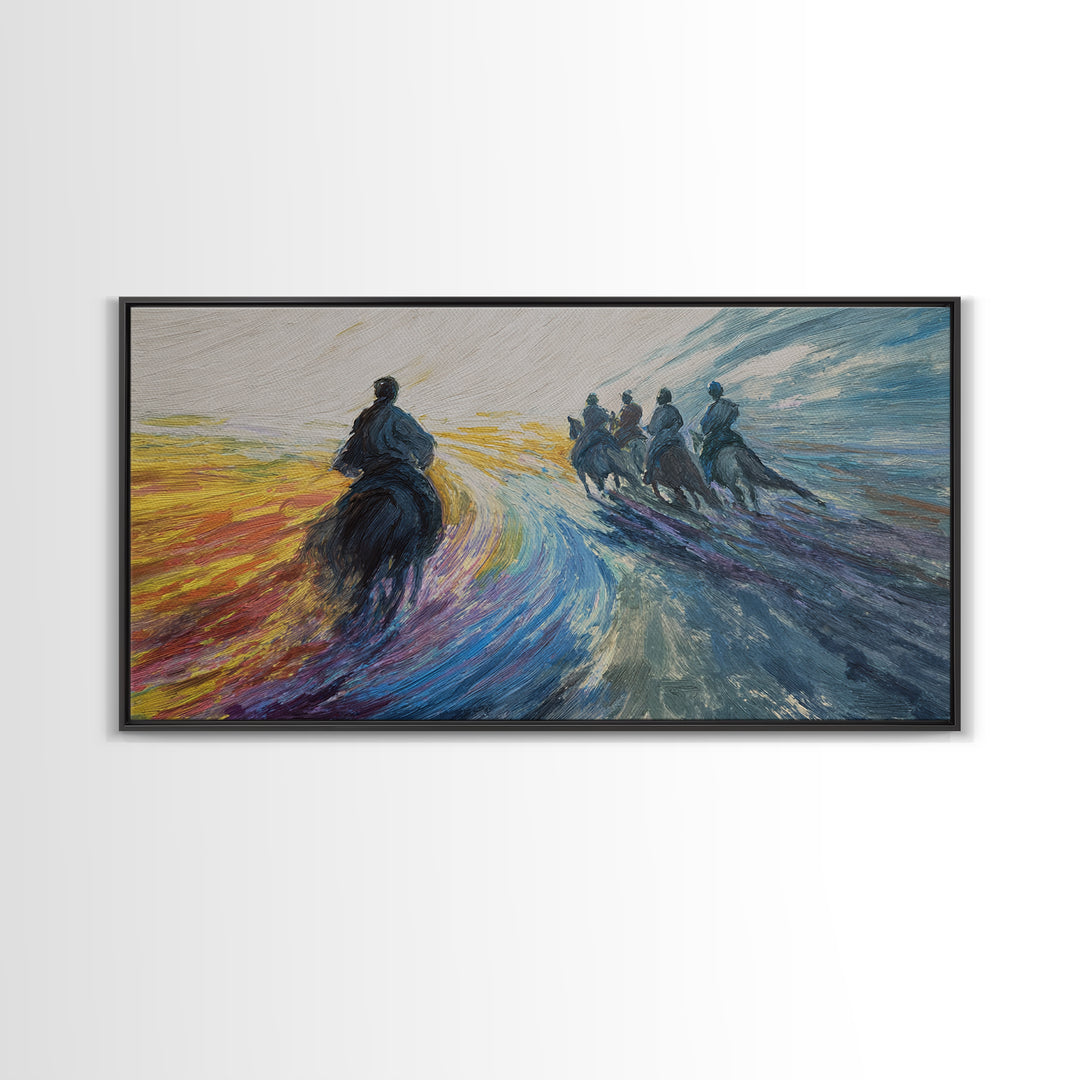Galloping Horsemen Dawn Landscape Canvas Print, African Warrior Art, Dynamic Modern Wall Decor For Office And Living Room