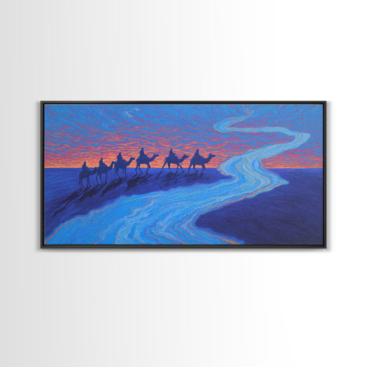Camel Caravan Blue Desert Wall Art, African Safari Art Print, Dreamy Sunset Landscape For Boho Bedroom And Travel Decor Gift