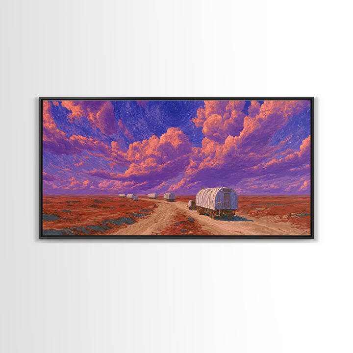 Desert Wagons Under Purple Sky Canvas Print, African Landscape Wall Art, Modern Safari Travel Home Decor For Living Room