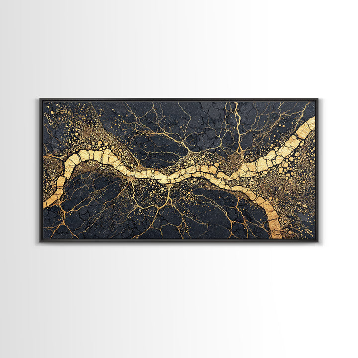 Black Gold Cracked Earth River Framed Canvas Print, Abstract African Art, Luxury Geometric Wall Decor For Modern Home Office
