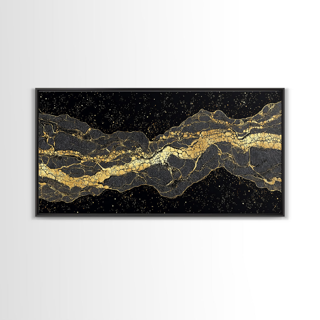 Golden Mountain Vein Abstract Wall Art, Black And Gold African Inspired Canvas Print, Luxury Statement Decor For Home Office