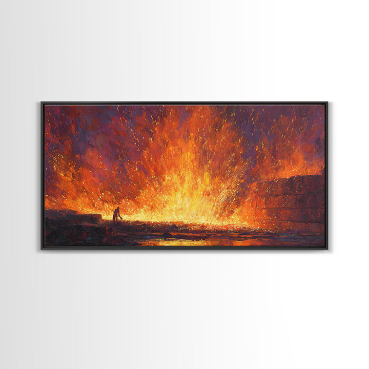 Molten Foundry Firestorm Framed Canvas Print, Fiery Industrial Wall Art, Orange Abstract Painting, Statement Living Room Decor