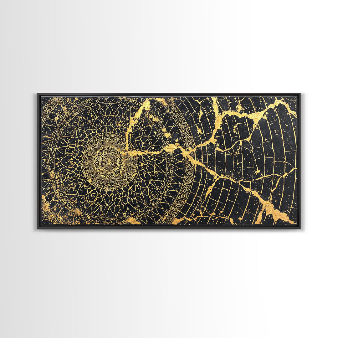 Gold Spiral Geometric Web Wall Art, Abstract African Art Print, Black Gold Decor, Modern Boho Statement Canvas For Living Room