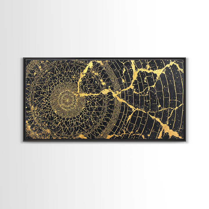 Gold Spiral Geometric Web Wall Art, Abstract African Art Print, Black Gold Decor, Modern Boho Statement Canvas For Living Room