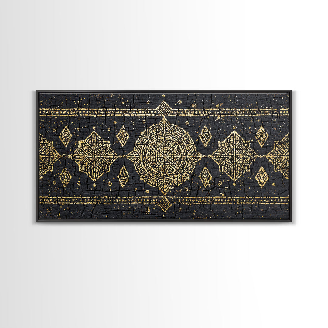 Gold Mud Cloth Geometric Framed Canvas Print, African Patterns, Tribal Art Decor, Black Gold Boho Wall Decor For Living Room