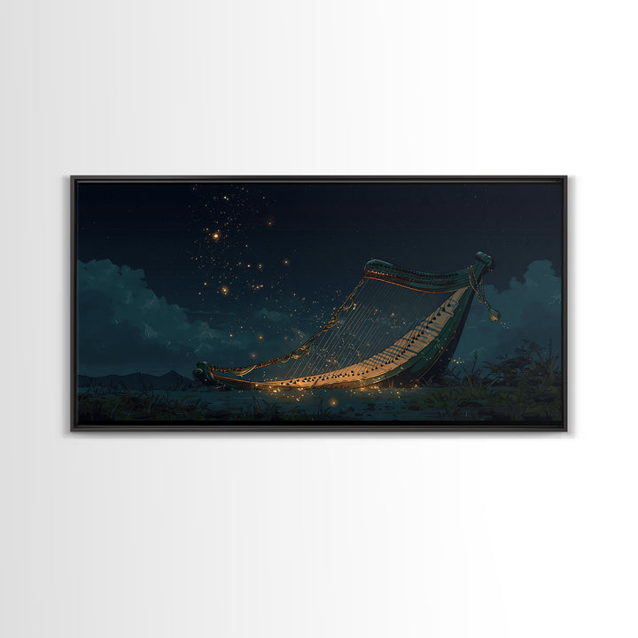 Glowing African Kora Harp Canvas Print, Night Music Wall Decor, Cultural Art Print, Starry Blue Afrocentric Home Decor, Gift For Him