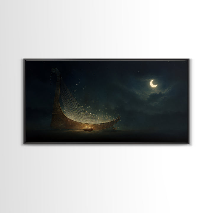 Moonlit African Kora Harp Framed Canvas Print, Crescent Moon Music Wall Decor, Spiritual Afrocentric Art, Dreamy Night Gift