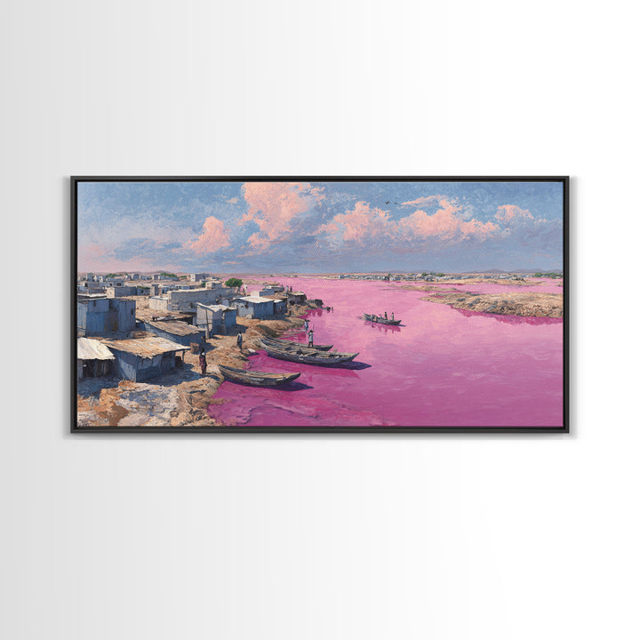 Pink River African Village Wall Art, West African Landscape, Coastal Boat Scene, Serene Travel Decor For Living Room Canvas Gift