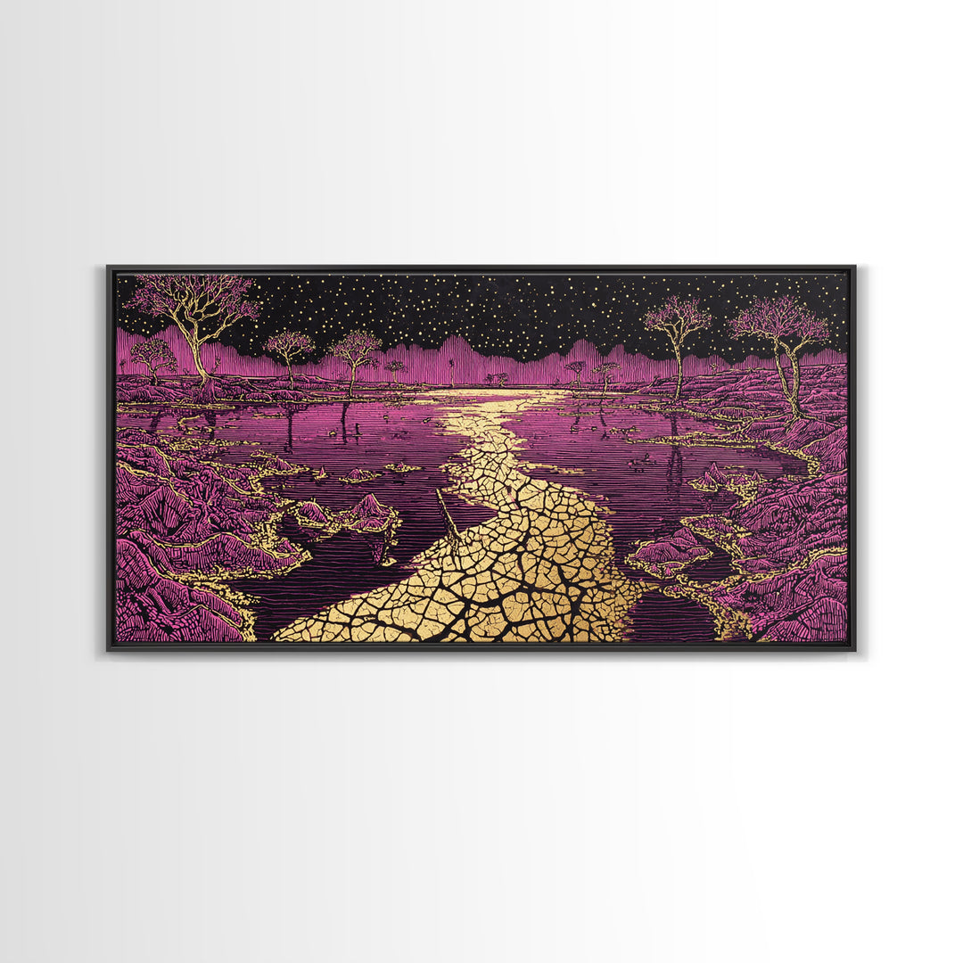 Mystic Purple Savannah Path Wall Art, African Tree Landscape, Starry Night Boho Decor, Spiritual Canvas For Living Room Gift