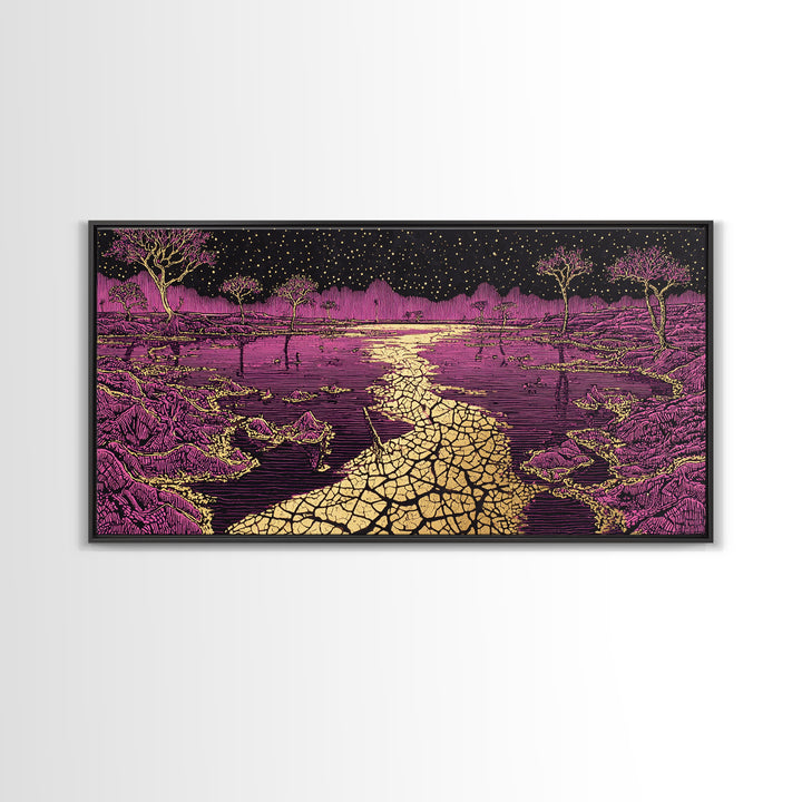 Mystic Purple Savannah Path Wall Art, African Tree Landscape, Starry Night Boho Decor, Spiritual Canvas For Living Room Gift