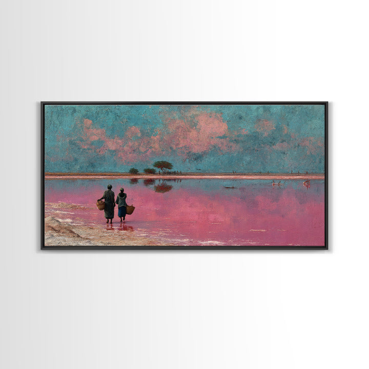 African Women At Pink Lake Wall Art, Pastel Landscape Painting, Motherland Travel Decor, Feminine Canvas For Living Room