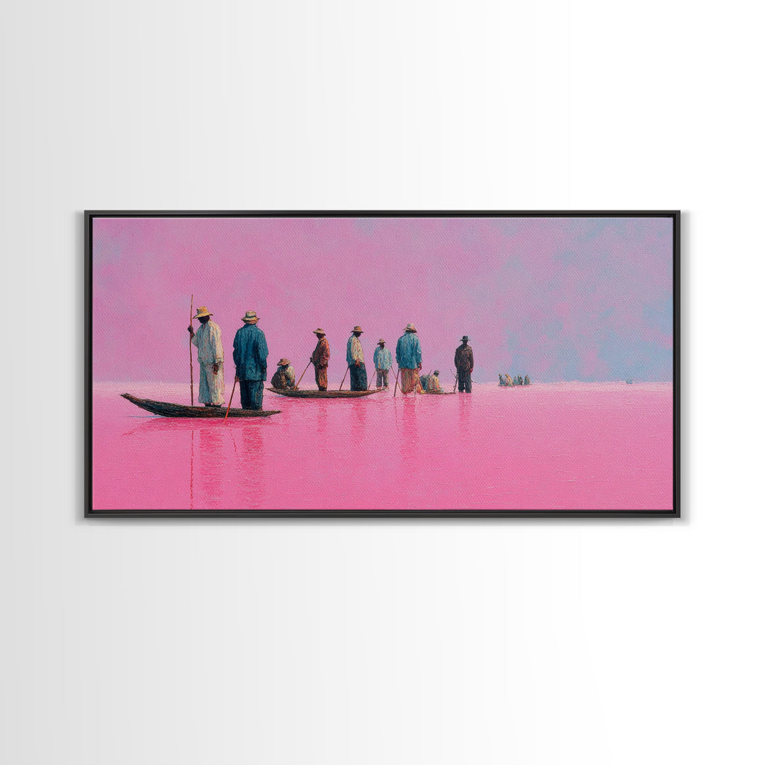 Pink Lake Fishermen On Long Boat Canvas Print, African Travel Landscape, Minimalist Coastal Decor For Modern Living Room