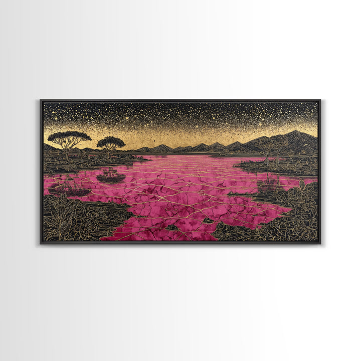 Cracked Pink Lake Savannah Wall Art, African Landscape, Black Gold Boho Decor, Serengeti Inspired Canvas For Living Room