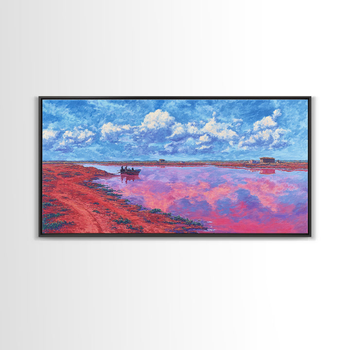 Pink Salt Lake Boats Wall Art, African Landscape Painting, Coastal Travel Poster, Blue Sky Canvas Decor, Living Room Gift