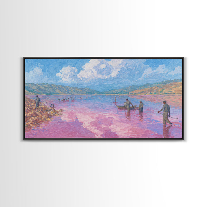 Pastel Salt Lake Workers Canvas Print, African Landscape Wall Decor, Pink Water Painting, Mountain Travel Art Gift, Living Room Decor