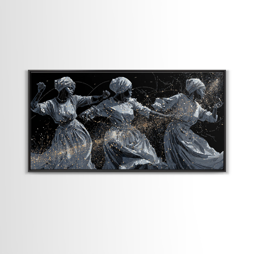 Three Dancing African Women Wall Art, Black And Gold Figurative Painting, Afrocentric Home Decor, Cultural Canvas Gift For Her