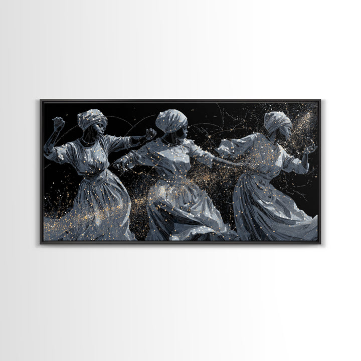 Three Dancing African Women Wall Art, Black And Gold Figurative Painting, Afrocentric Home Decor, Cultural Canvas Gift For Her
