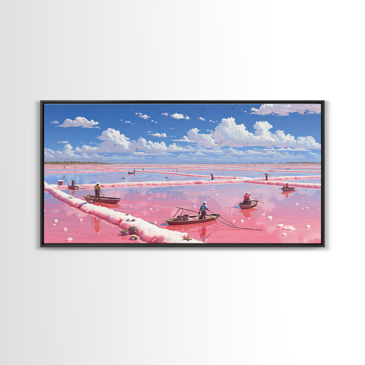 Pink Salt Flats With Boats Wall Art, African Coastal Landscape, Flamingo Lake Painting, Large Canvas Decor, Travel Home Gift