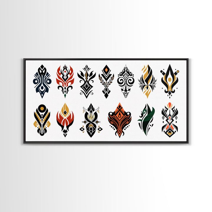 Colorful African Tribal Symbols Canvas Print, Ankara Pattern Wall Art, Ethnic Motif Poster, Modern Afrocentric Decor Gift