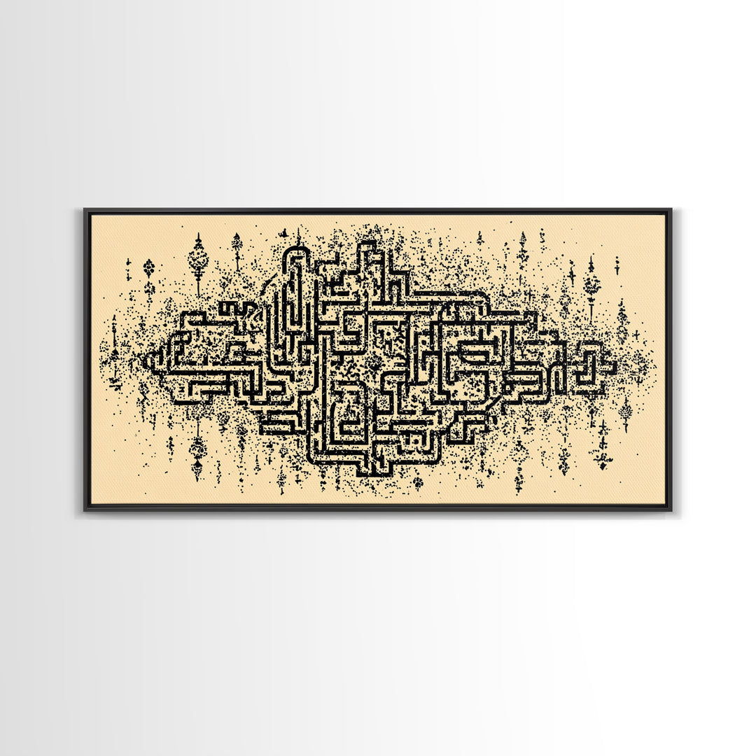 Ancient Maze Pattern Wall Art, Abstract African Textile Inspired Print, Beige Black Geometric Decor, Cultural Canvas Gift
