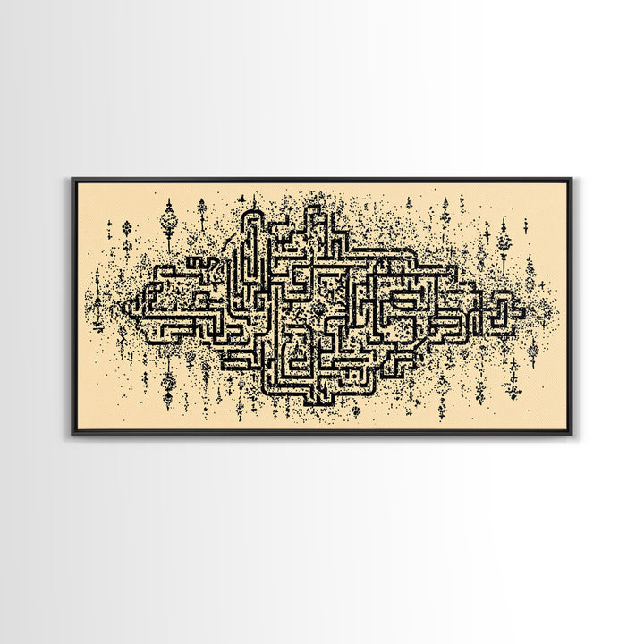 Ancient Maze Pattern Wall Art, Abstract African Textile Inspired Print, Beige Black Geometric Decor, Cultural Canvas Gift