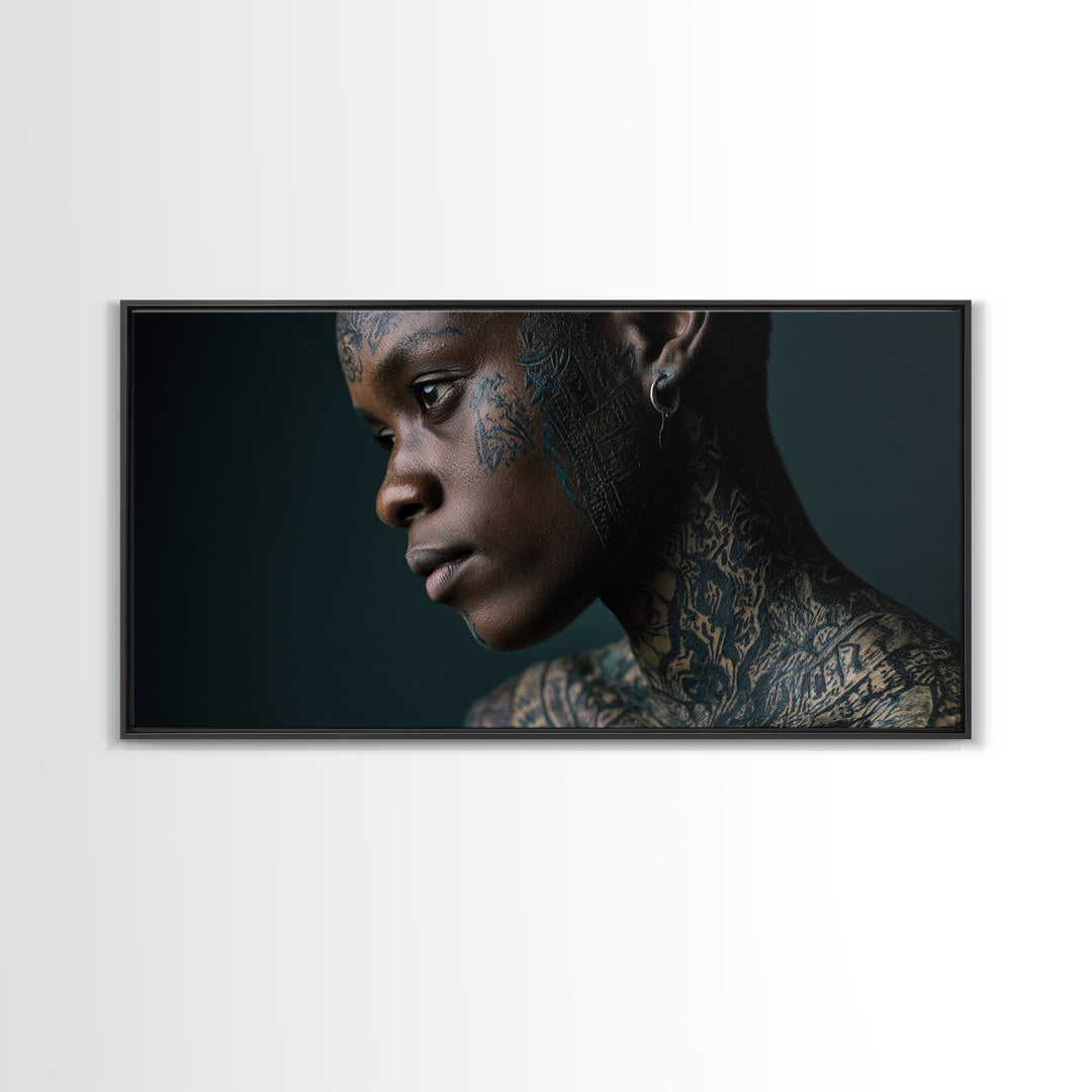 Tattooed Black Woman Portrait Framed Canvas Print, African Beauty Wall Art, Dramatic Profile Photography, Melanin Decor Gift