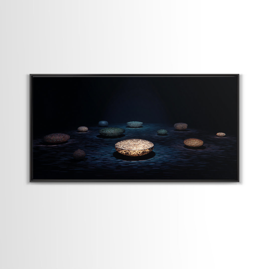 Glowing Beaded Bowls Wall Art, Abstract African Night Water Scene, Luxury Dark Canvas Decor, Modern Gallery Gift For Living Room