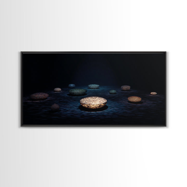 Glowing Beaded Bowls Wall Art, Abstract African Night Water Scene, Luxury Dark Canvas Decor, Modern Gallery Gift For Living Room