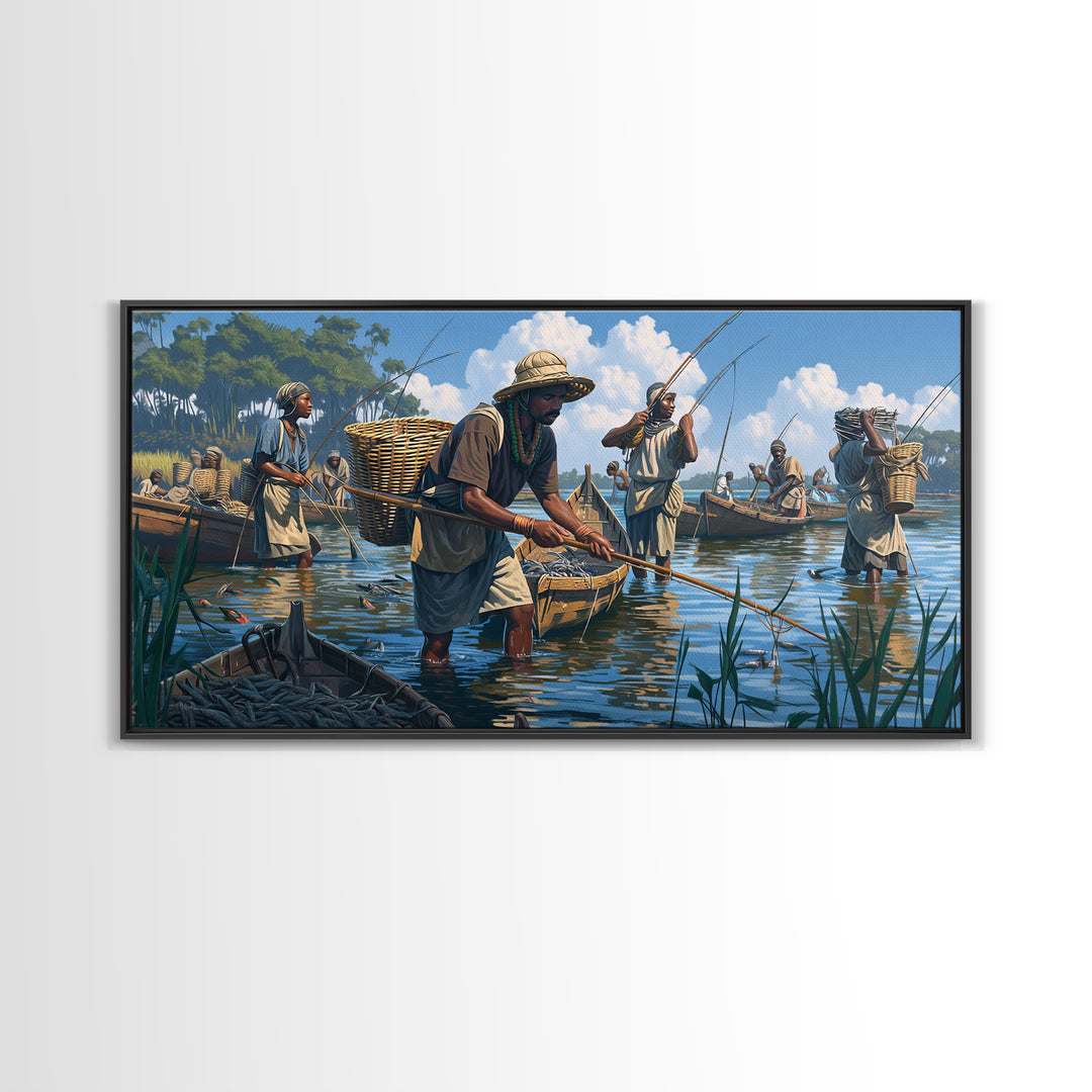 Traditional African Fishermen In River Boats Canvas Print, African Culture Art, Fishing Village, Safari Decor, Living Room Decor