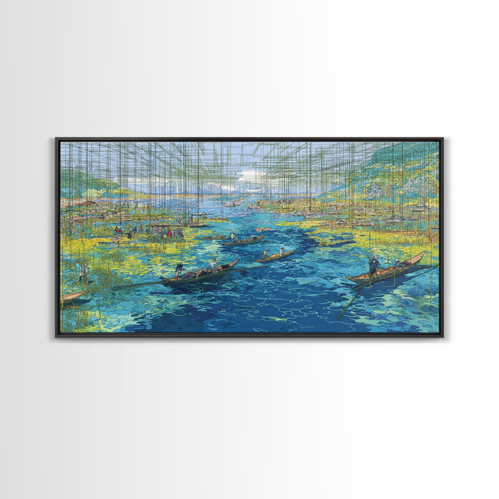 Abstract Blue Wetlands With Boats Canvas Print, Modern African Art, Coastal Landscape, Teal Wall Decor, Large Living Room Art