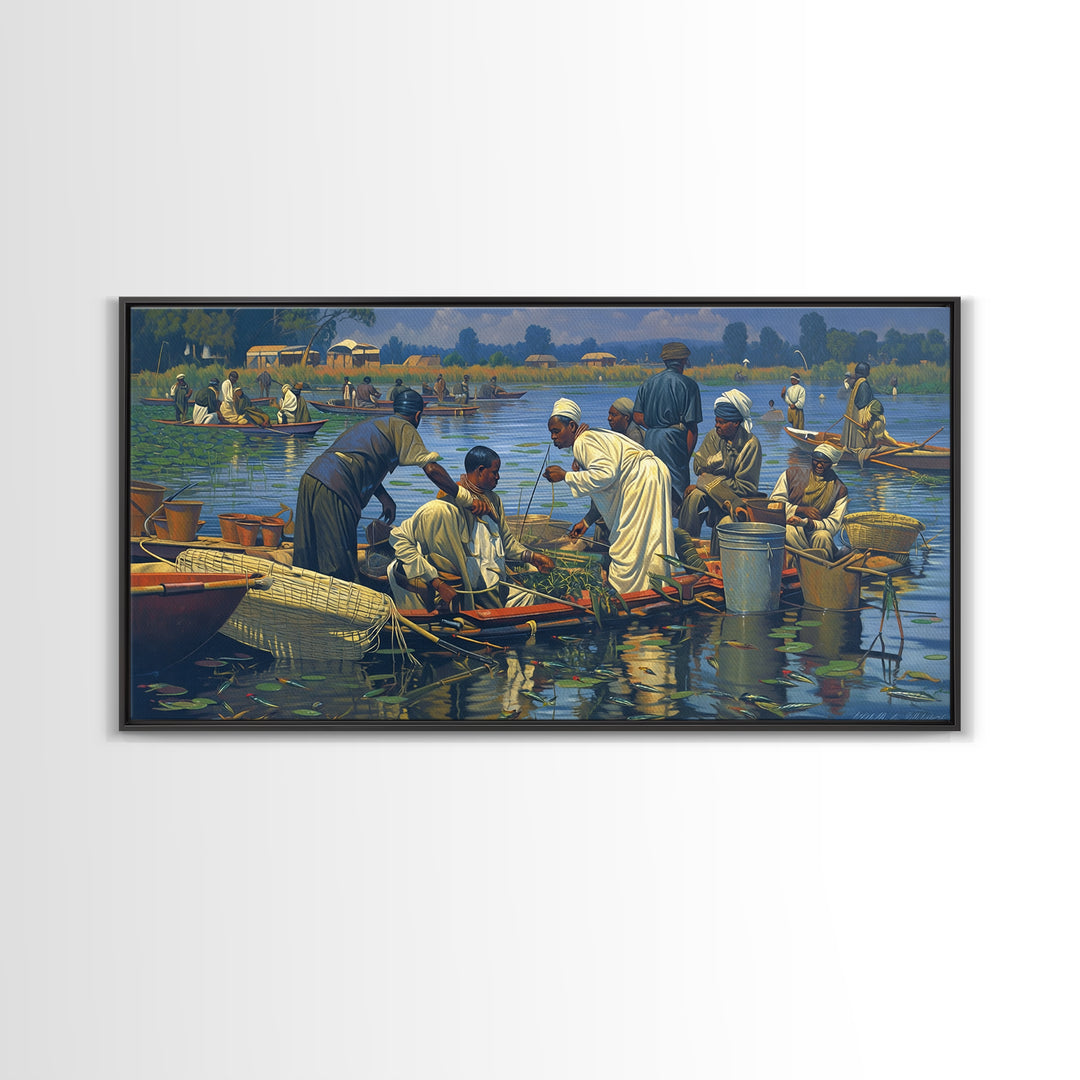 African Floating Market Fishermen On Lake Canvas Print, Traditional African Painting, Cultural Wall Decor, Village Home Decor