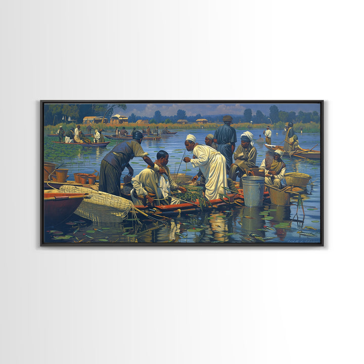 African Floating Market Fishermen On Lake Canvas Print, Traditional African Painting, Cultural Wall Decor, Village Home Decor