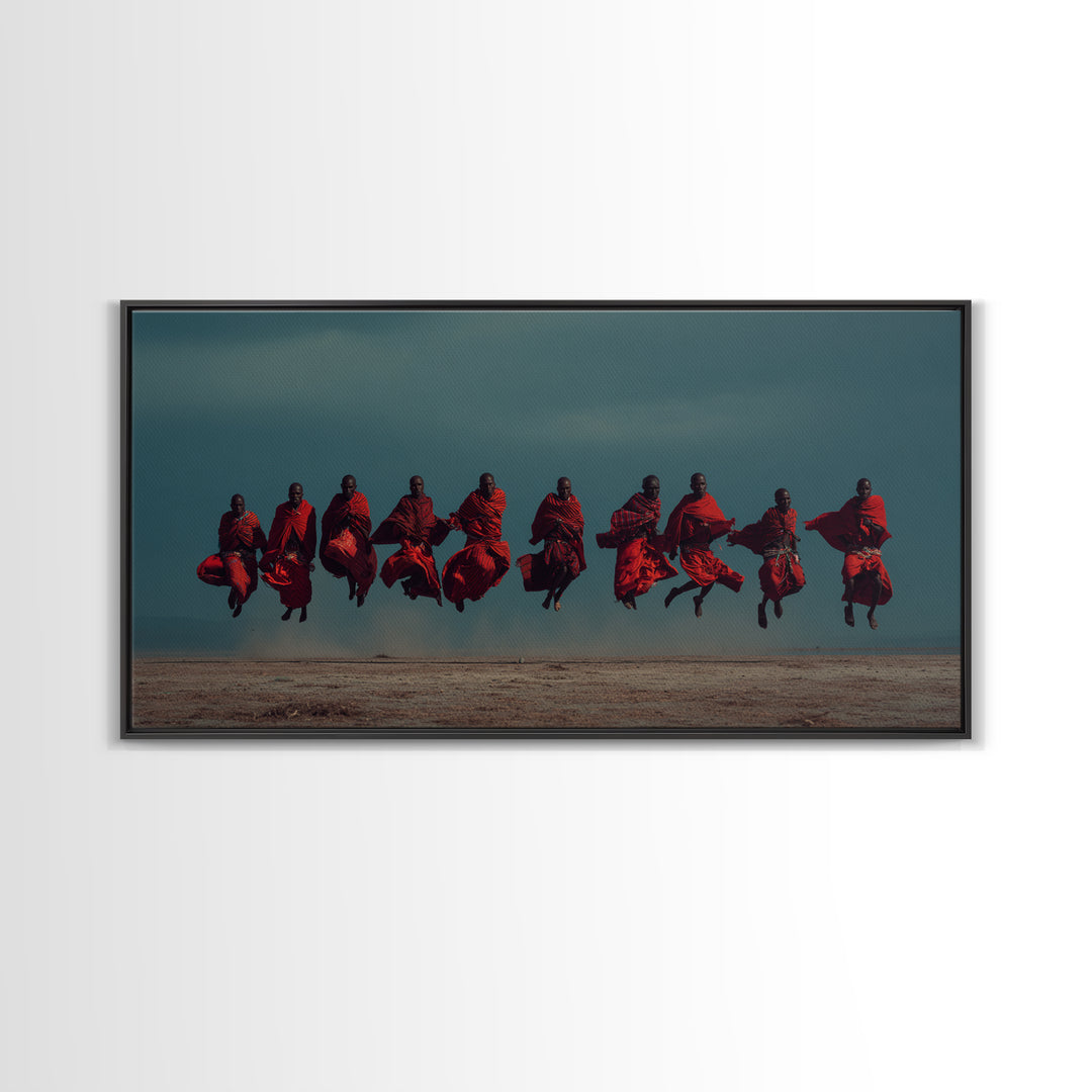 Leaping Maasai Warriors Under Storm Sky Canvas Print, African Warrior Art, Tribal Wall Decor, Red Safari Statement Piece
