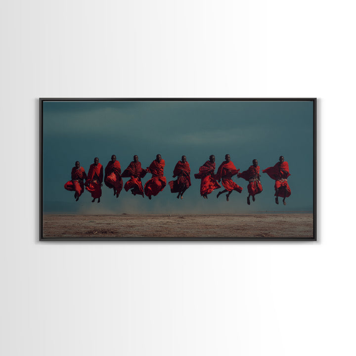 Leaping Maasai Warriors Under Storm Sky Canvas Print, African Warrior Art, Tribal Wall Decor, Red Safari Statement Piece