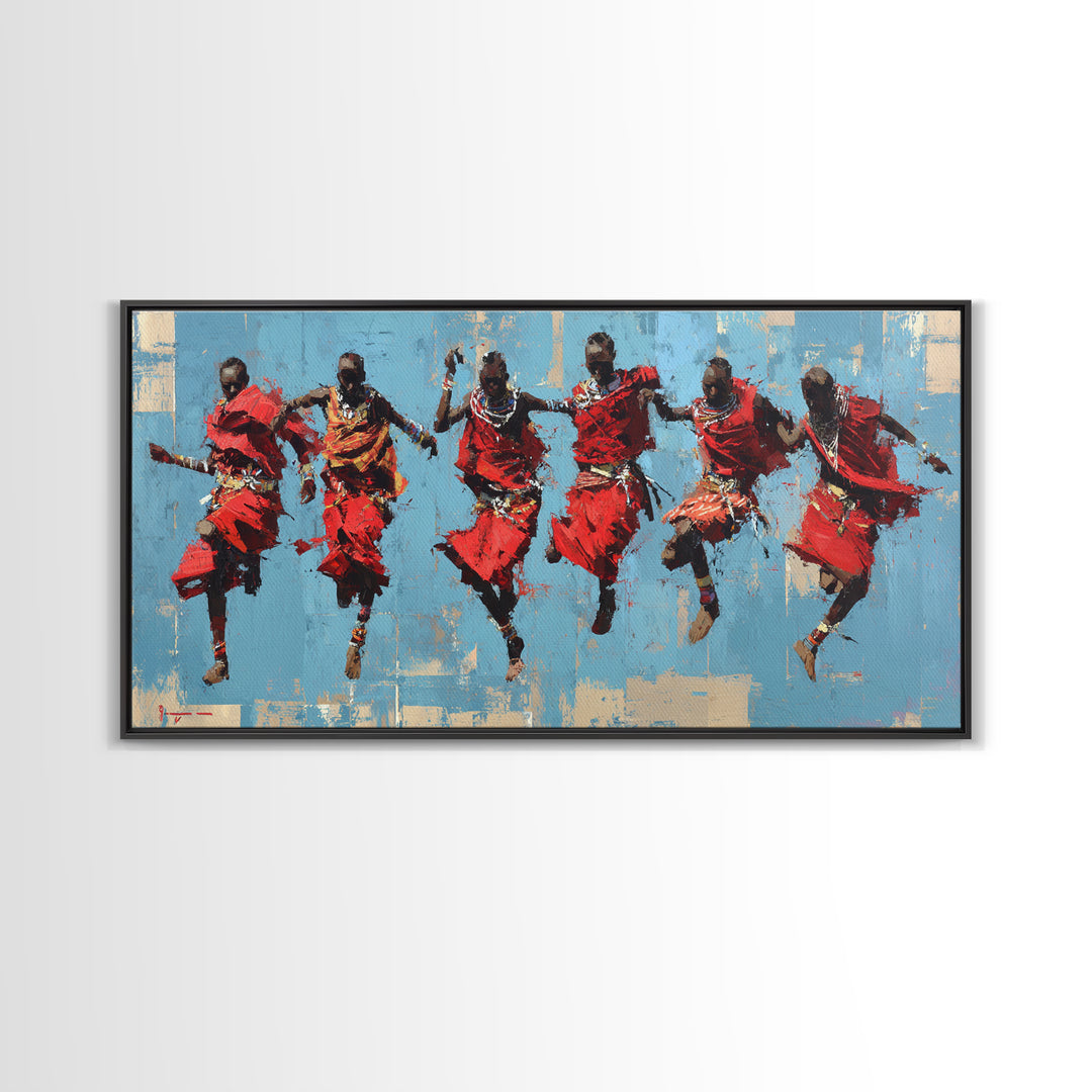 Red Maasai Jumping Dancers Canvas Print, African Wall Art, African Warrior Art, Cultural Home Decor, Safari Decor Gift Art