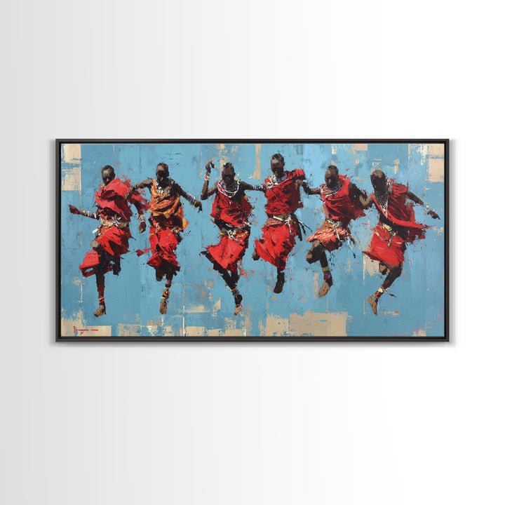 Red Maasai Jumping Dancers Canvas Print, African Wall Art, African Warrior Art, Cultural Home Decor, Safari Decor Gift Art