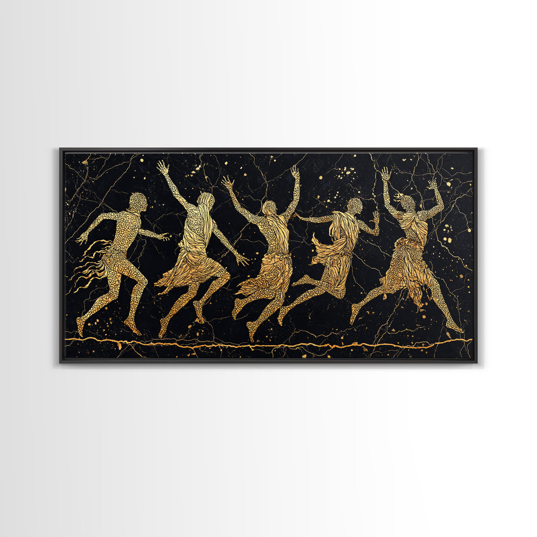 Gold Tribal Dancers On Black Framed Canvas Print, African Tribal Art, Black And Gold Art, Afrocentric Wall Art Decor Gift