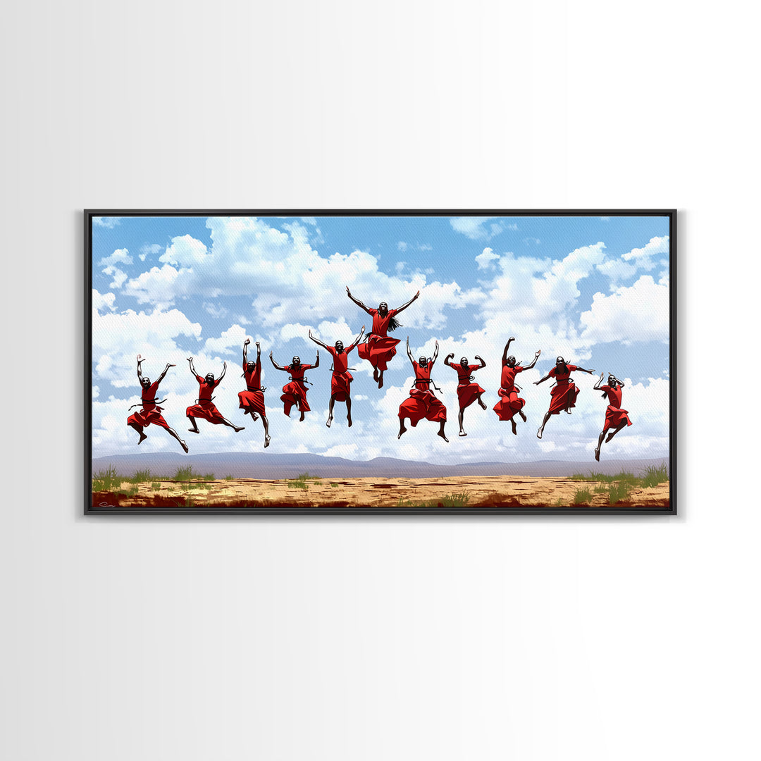 Joyful Red Dancers Under Clouds Canvas Print, African Celebration, African Women Art, Safari Decor, Colorful Wall Art Gift
