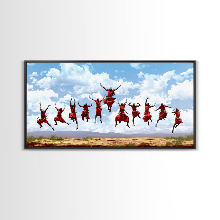 Joyful Red Dancers Under Clouds Canvas Print, African Celebration, African Women Art, Safari Decor, Colorful Wall Art Gift