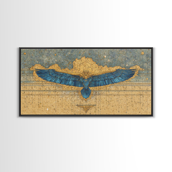 Blue Gold Winged Scarab Wall Art, African Egyptian Art, Ancient African Art, Spiritual Wall Decor, Luxury Canvas Print Gift