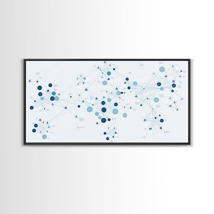 Blue Global Data Network Map Canvas Print, Abstract Wall Art, Modern Office Decor, Minimalist Technology Home Decor Gift
